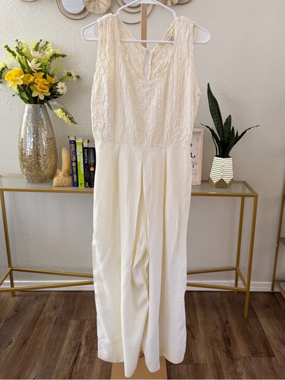 Vintage Express Ivory Lace Bodice Wide-Leg Jumpsuit